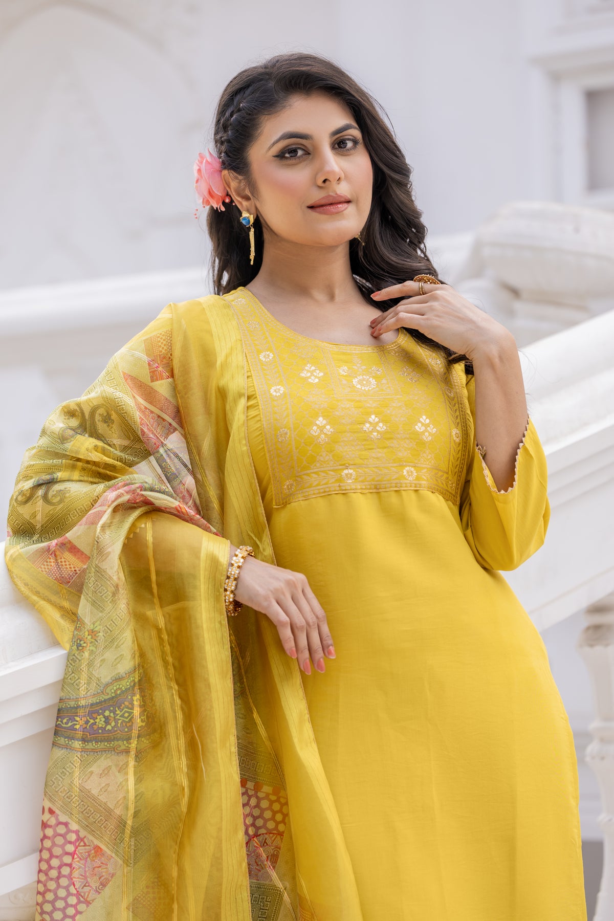 Floral Yoke Design Straight Kurta With Trouser & Dupatta