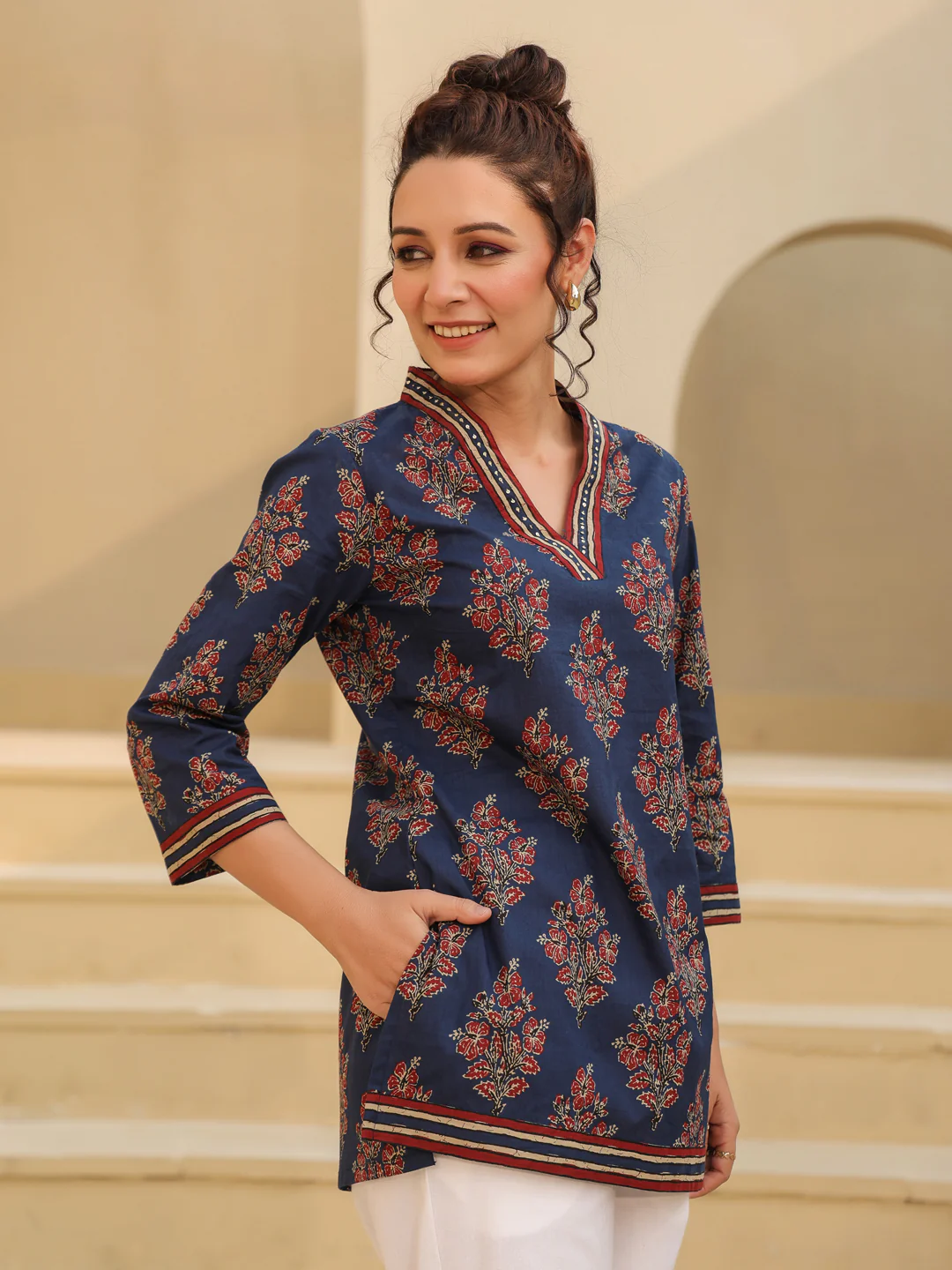 Blue Printed Blue Cotton Top Kurti