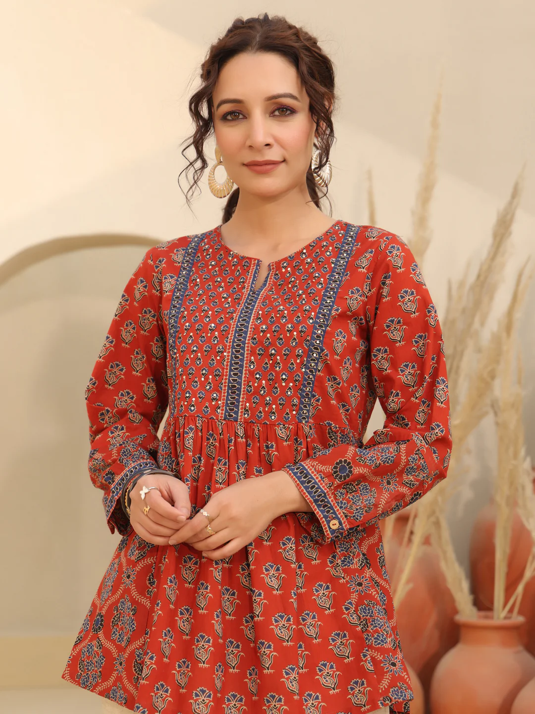 Print Mandarin Collar Cotton Top Kurti
