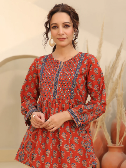 Print Mandarin Collar Cotton Top Kurti