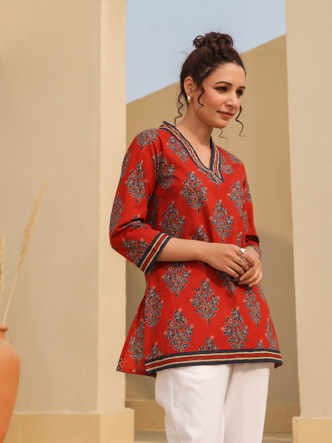 Print Mandarin Collar Cotton Top Kurti