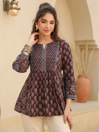 Wine Print Cotton Top Kurti