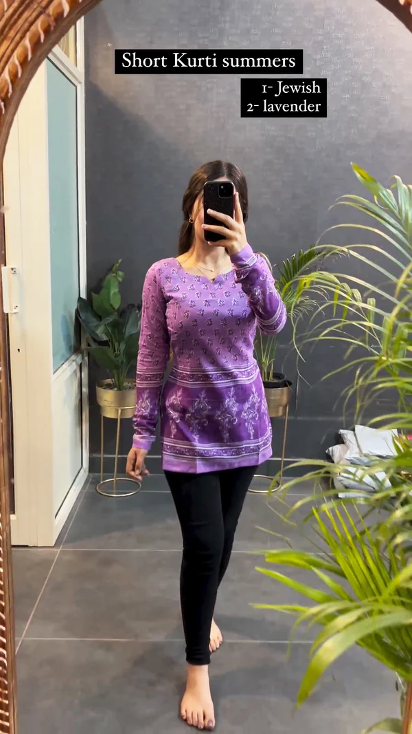 Purple Printed Cotton Short Kurta