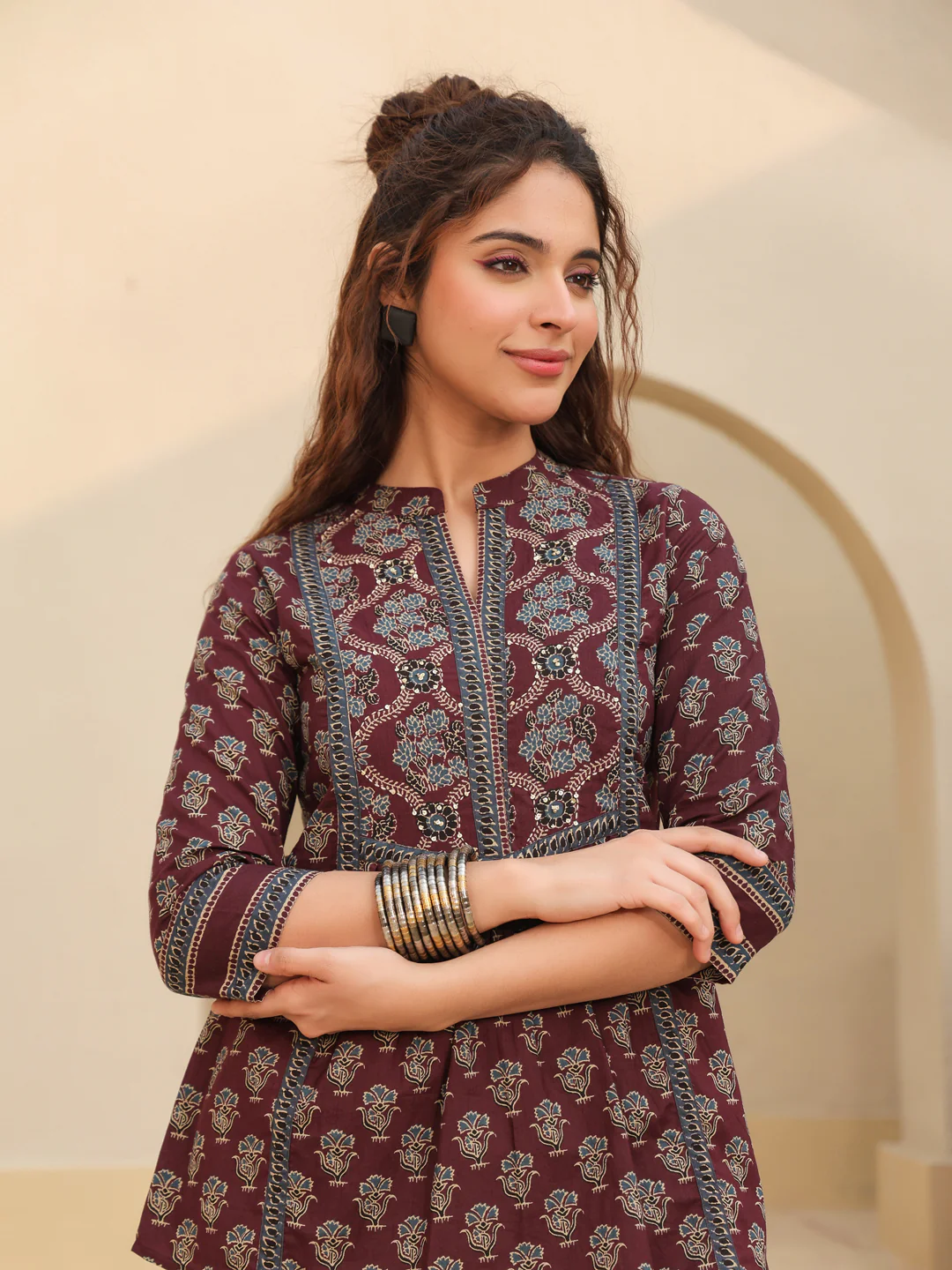 Print Mandarin Collar Cotton Top Kurti