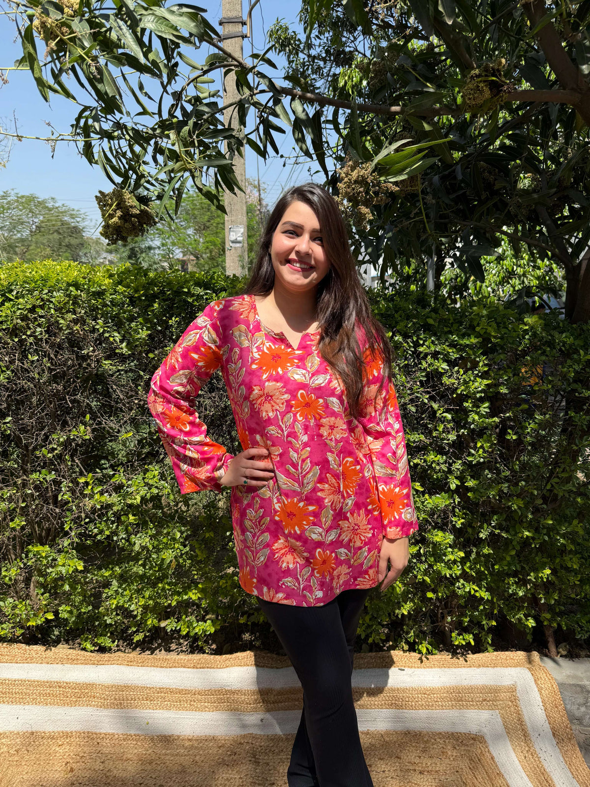 Pink floral rayon short kurti