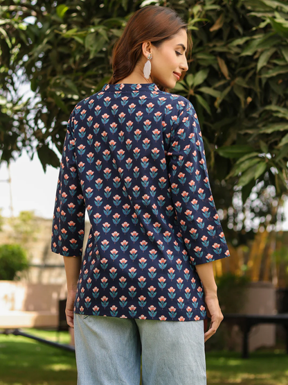 Mandarin Collar Floral Printed Straight Kurti