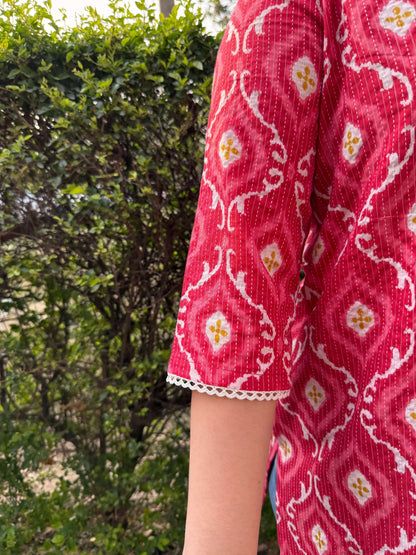 Peach ikkat print kantha kurti