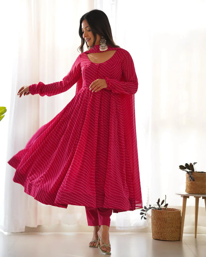 Georgette Leheriya Print Anarkali 4M Flair Kurti Pant Dupatta Set