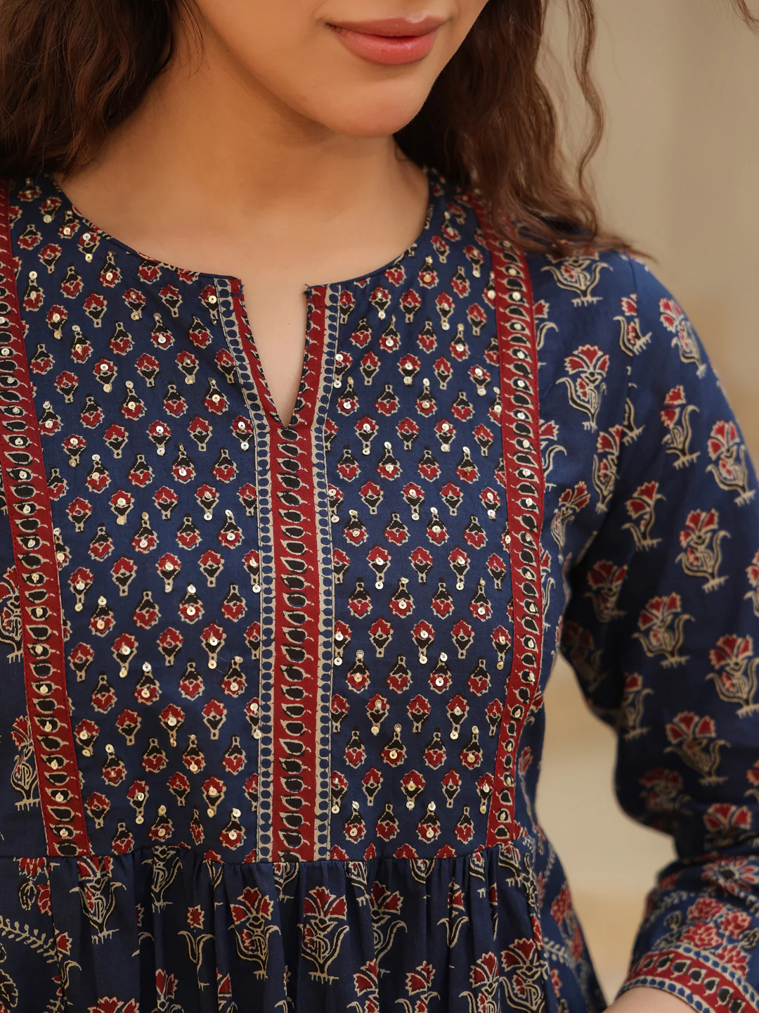 Print Mandarin Collar Cotton Shirt Style Top Blue Kurti