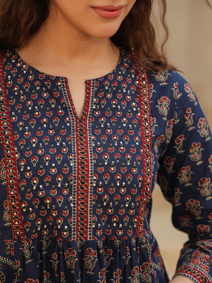 Print Mandarin Collar Cotton Shirt Style Top Blue Kurti