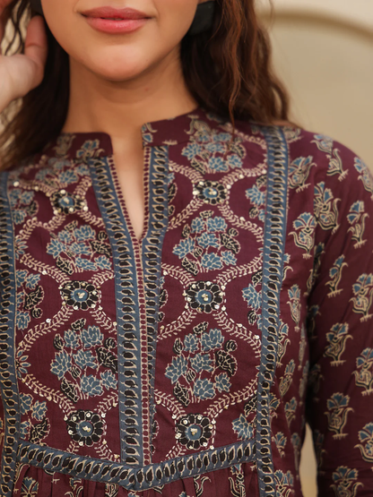 Print Mandarin Collar Cotton Top Kurti