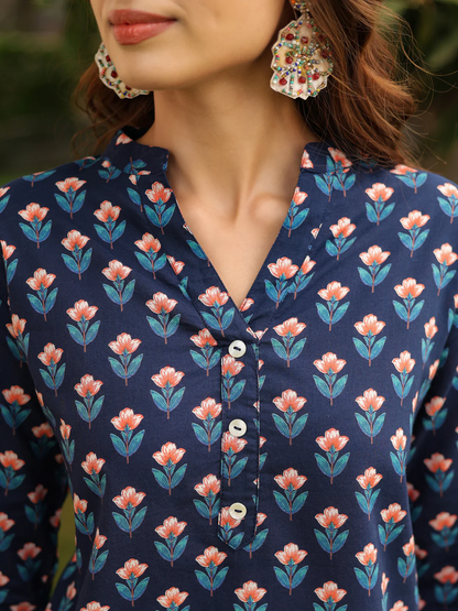 Mandarin Collar Floral Printed Straight Kurti