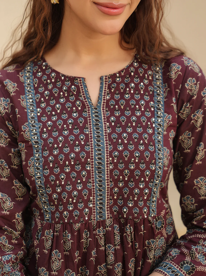 Wine Print Cotton Top Kurti