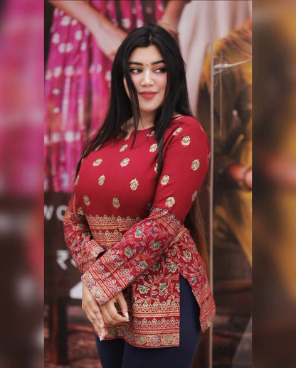 Maroon Jewish Cotton Printed Short Kurti