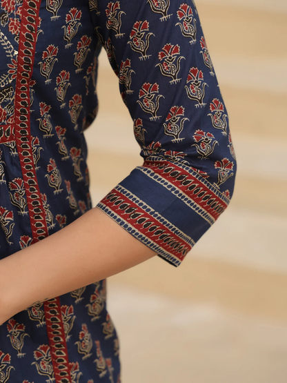 Print Mandarin Collar Cotton Shirt Style Top Kurti