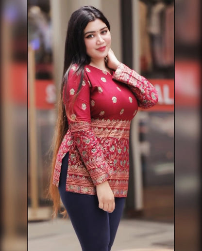 Maroon Jewish Cotton Printed Short Kurti