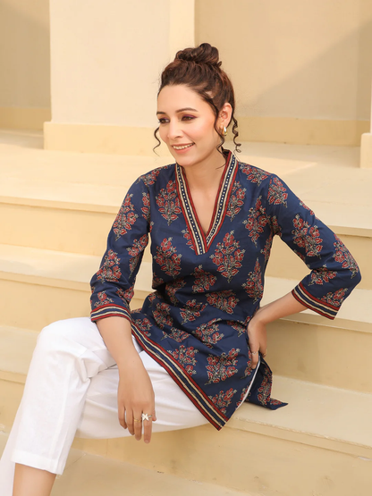 Blue Printed Blue Cotton Top Kurti