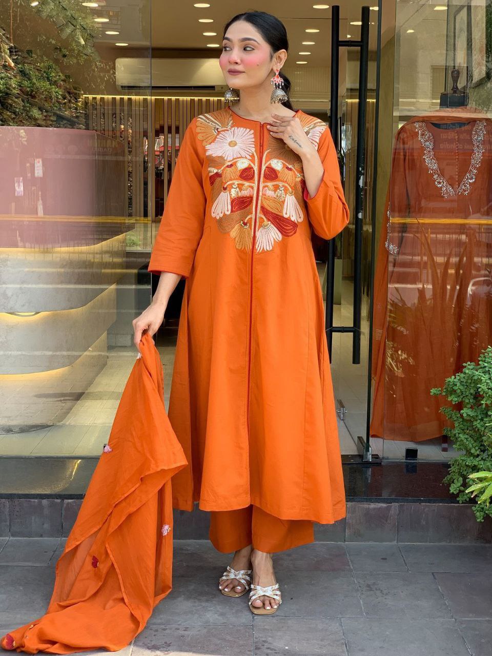 Orange Chanderi Silk Heavy Thread Embroidery Work Kurta Pant Set