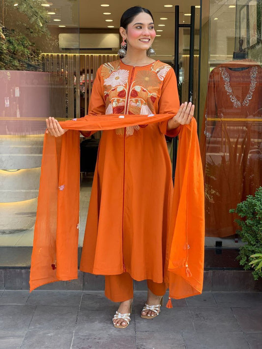 Orange Chanderi Silk Heavy Thread Embroidery Work Kurta Pant Set