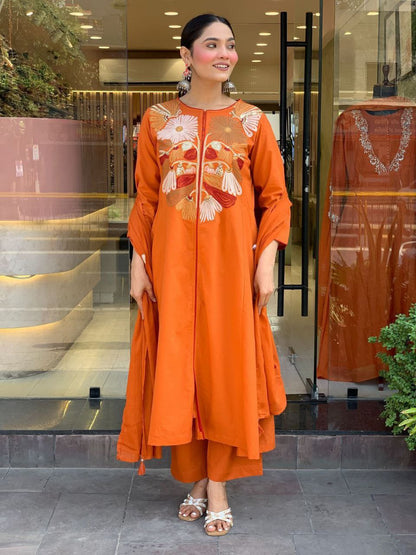 Orange Chanderi Silk Heavy Thread Embroidery Work Kurta Pant Set