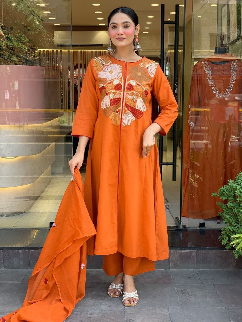 Orange Chanderi Silk Heavy Thread Embroidery Work Kurta Pant Set