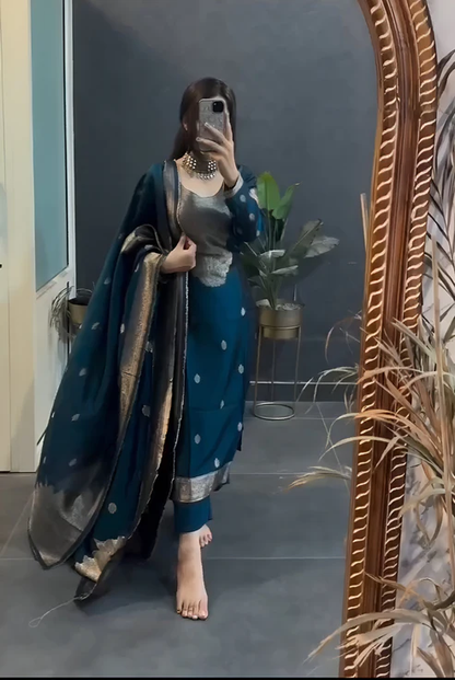 Groovy Blue Pure Heavy Designer Chanderi Silk Suit Set