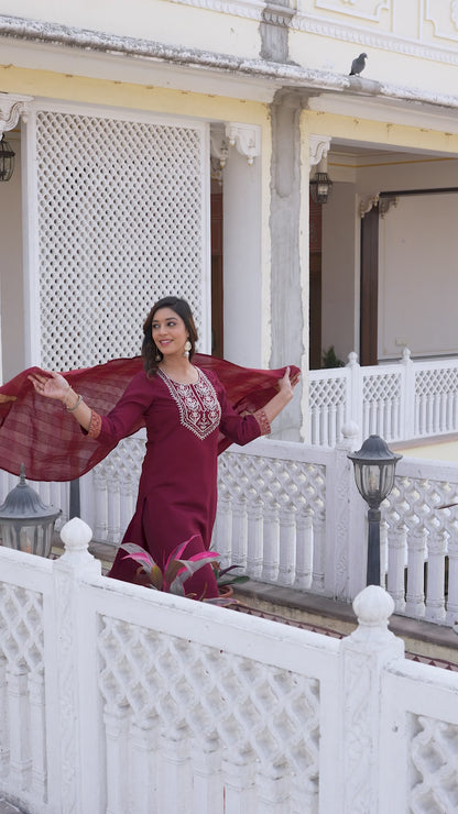 Skylee Maroon Rayon Blend Embroidered Kurta Set With Dupatta