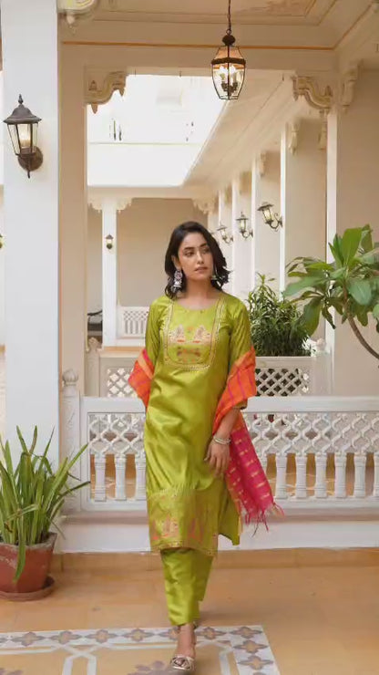 Lime & Pink Tie-Dye Sleeveless Straight Kurta Set with Dupatta for womens