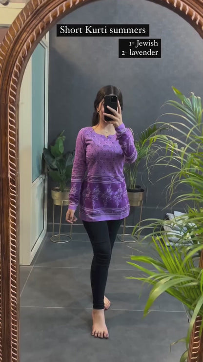 Purple Printed Cotton Short Kurta