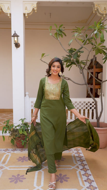 Luxury Mehendi Green Embroidery Work Salwar Suit