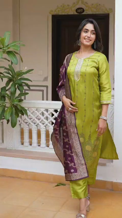 Green Self Design Silk Straight Suit With Dupatta